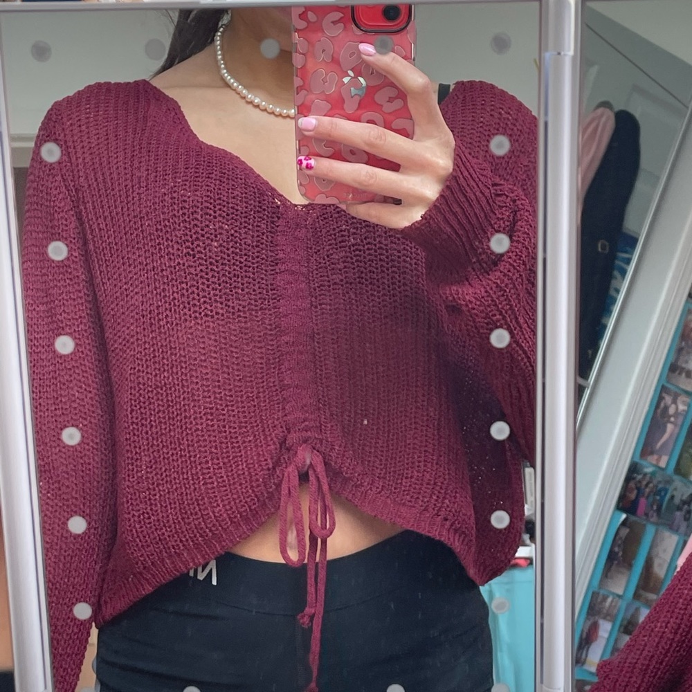 knit ruched burgandy sweater